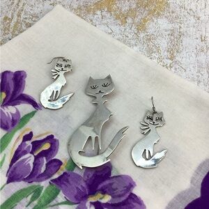 Sterling Silver Cat Brooch and Pierced Earring Set